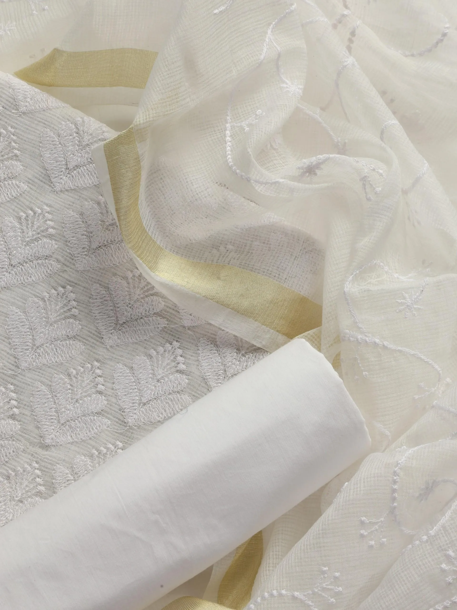 3 pc Unstitched SET - White Kota Doria Phulkari Embroidered Kurta with Heavy Dupatta and Cotton Pyjama