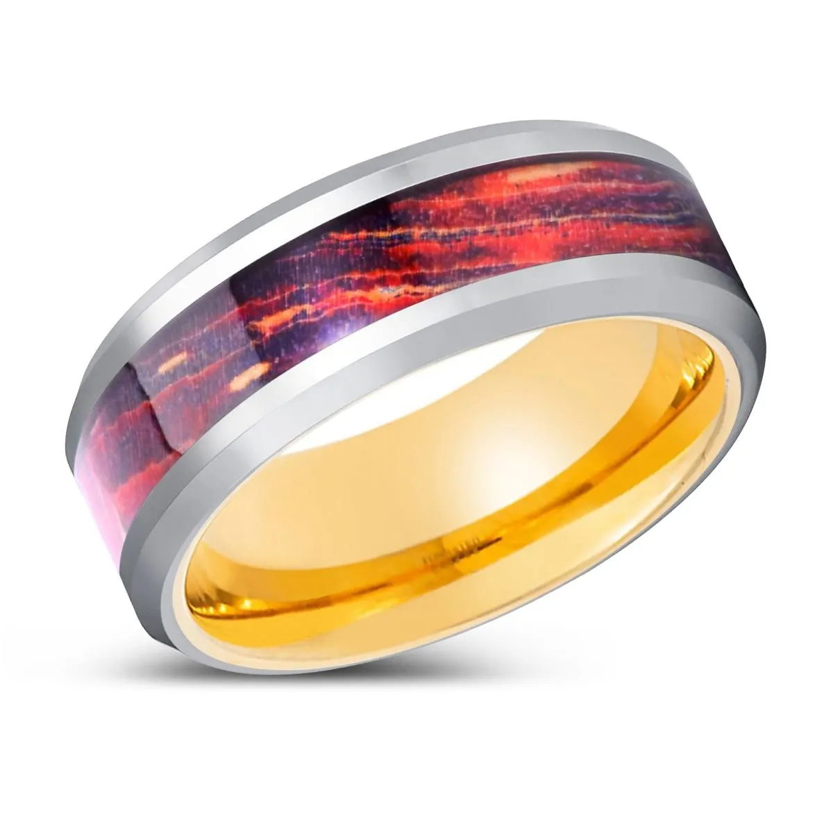 AURORIX | Gold Ring, Silver Tungsten Ring, Galaxy Wood Inlay, Beveled Edge