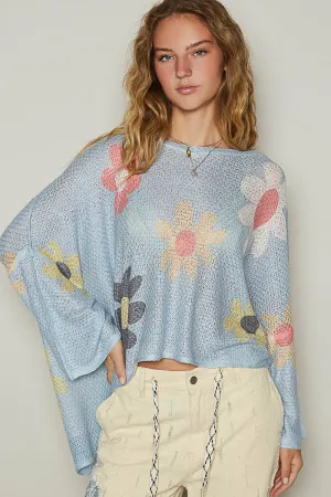 Baby Blue V-neck colorful flower print light weight POL Sweater