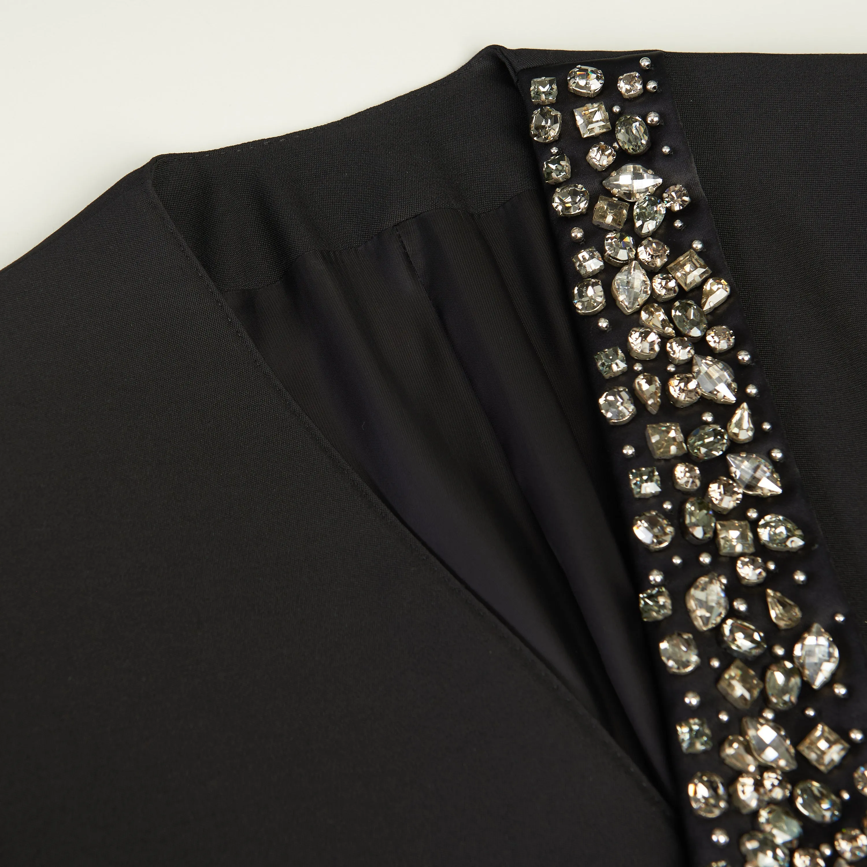 Black Boxy Tux Jacket - Stone/Stud Embroidery, Grain De Poudre Wool