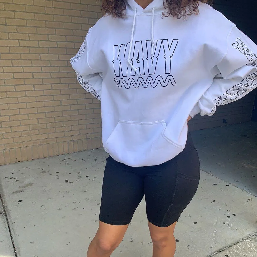 Black Wavy Outline | White Hoodie (Outline Checkered Drippin Sleeve)