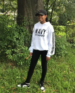Black Wavy | White Hoodie (Solid Checkered Drippin Sleeve)