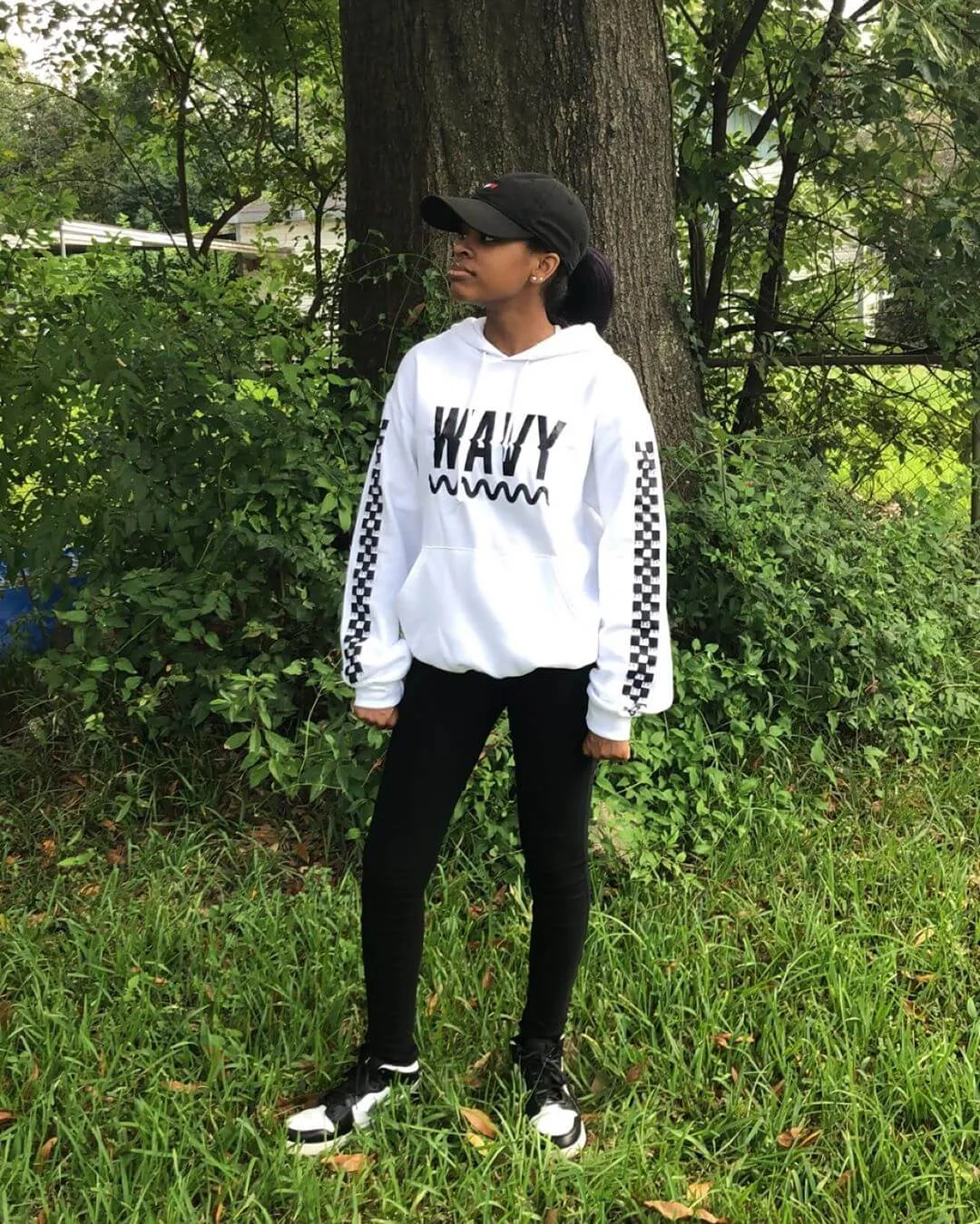 Black Wavy | White Hoodie (Solid Checkered Drippin Sleeve)