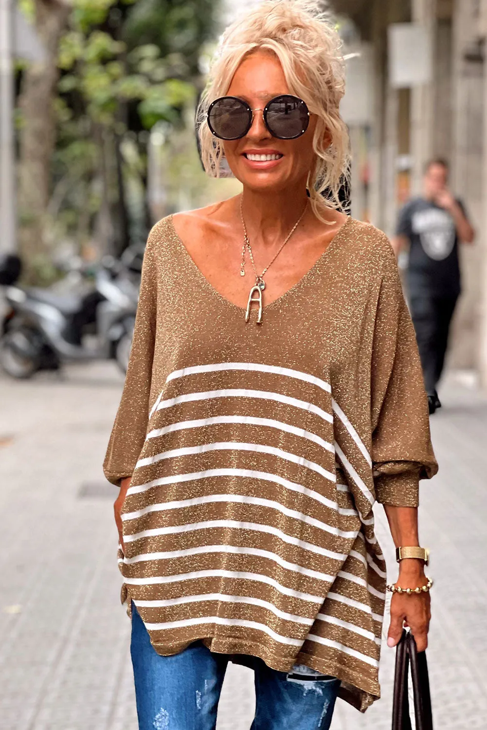 Camel Contrast Striped Glittering V Neck Tunic Sweater