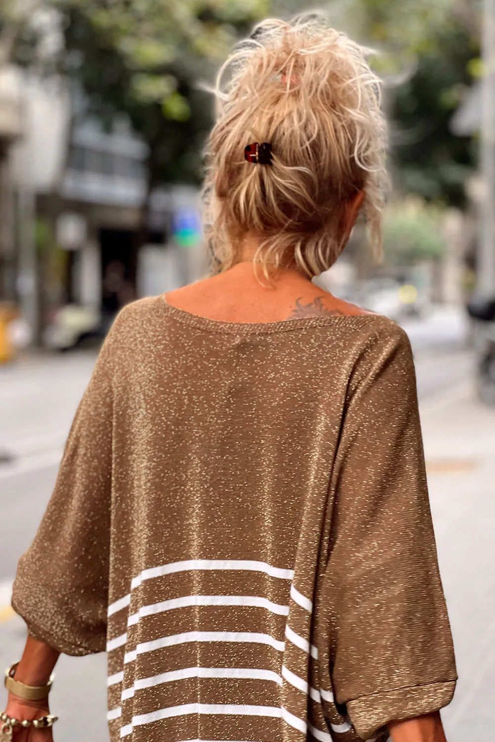 Camel Contrast Striped Glittering V Neck Tunic Sweater