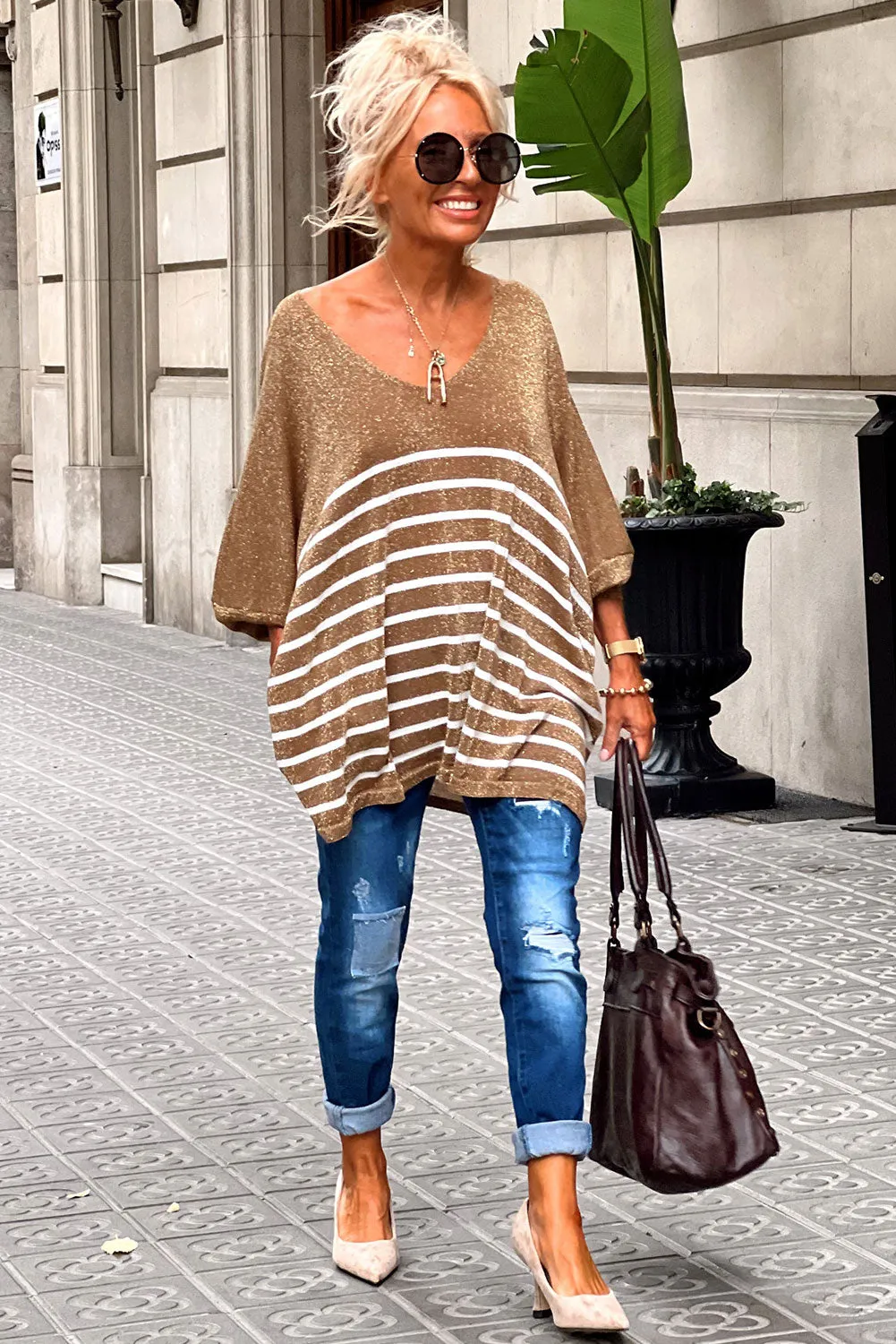 Camel Contrast Striped Glittering V Neck Tunic Sweater