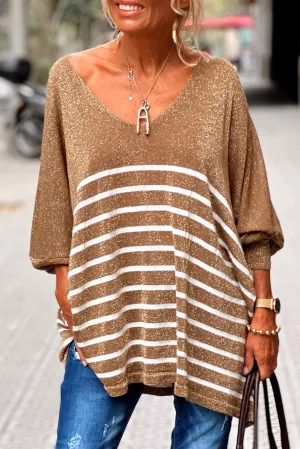 Camel Contrast Striped Glittering V Neck Tunic Sweater