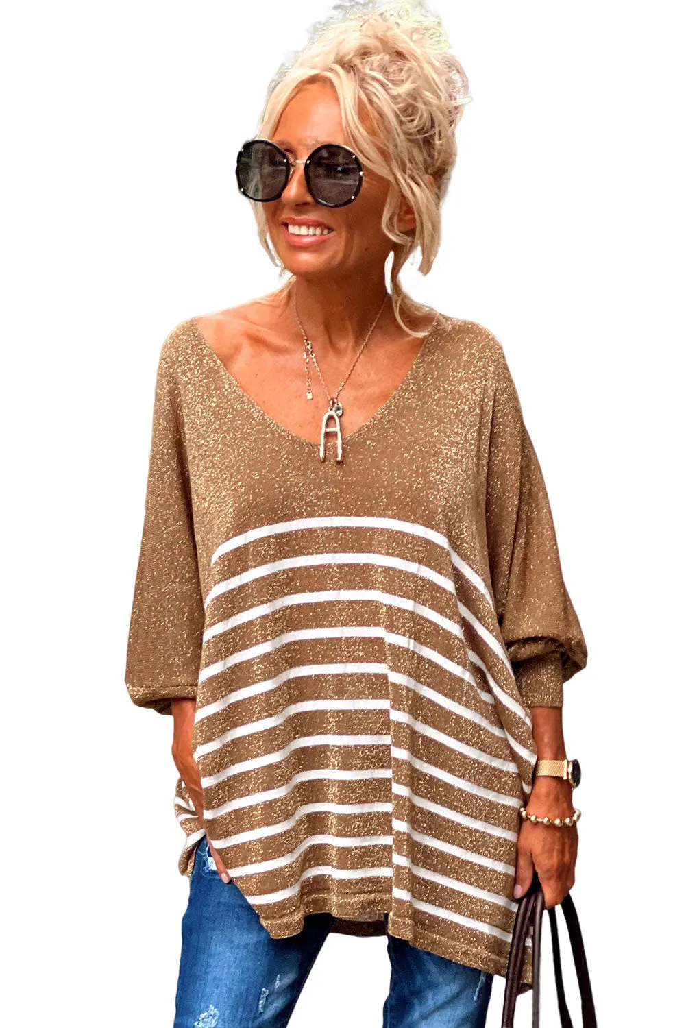 Camel Contrast Striped Glittering V Neck Tunic Sweater