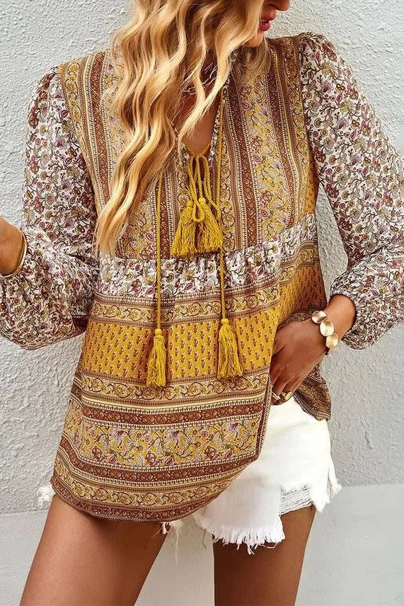 Carter V Neck Drawstring Floral Print Top Yellow