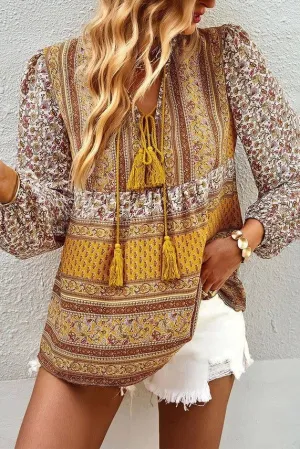 Carter V Neck Drawstring Floral Print Top Yellow