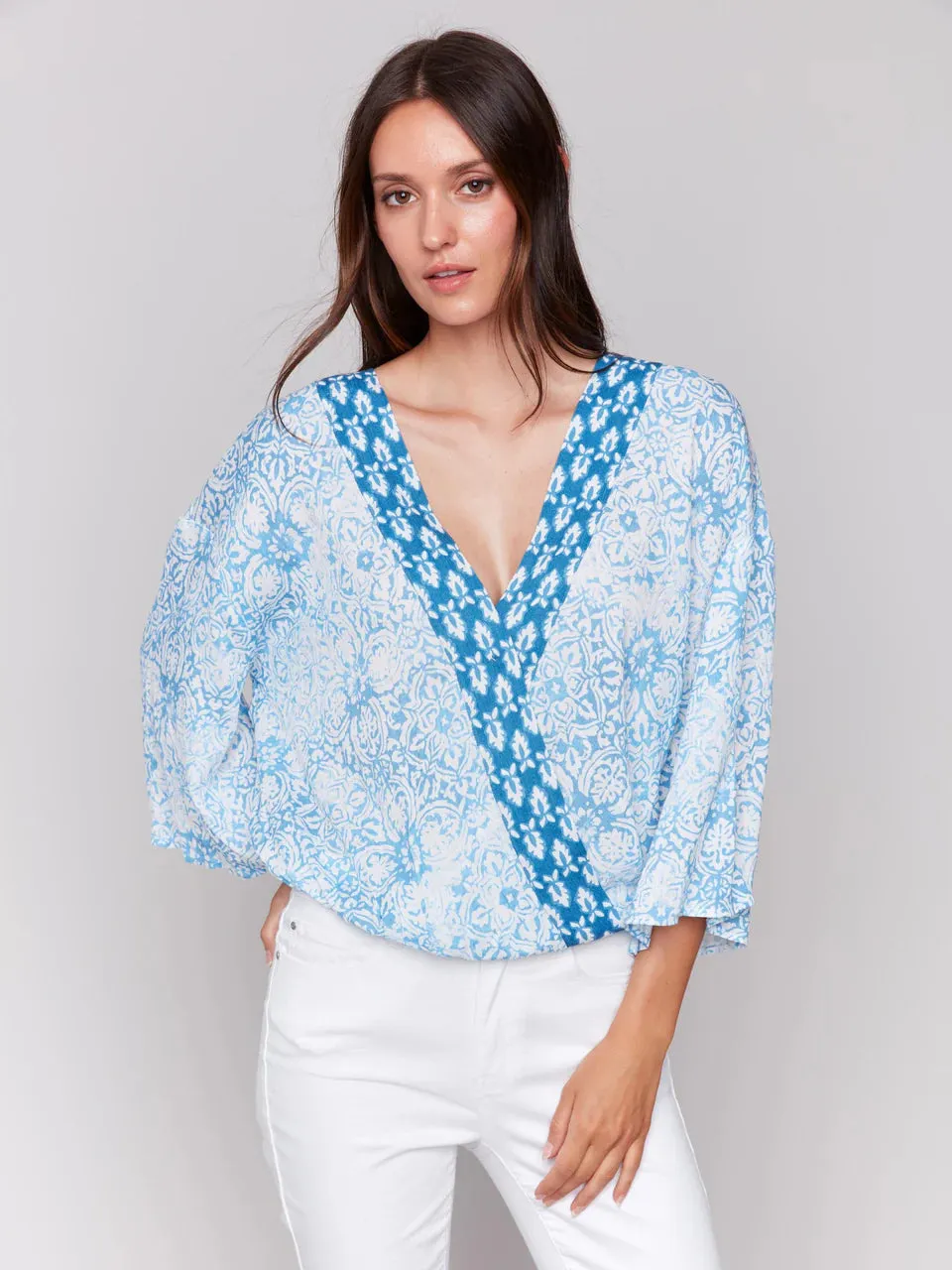 Charlie B Printed Overlap Blouse - Denim