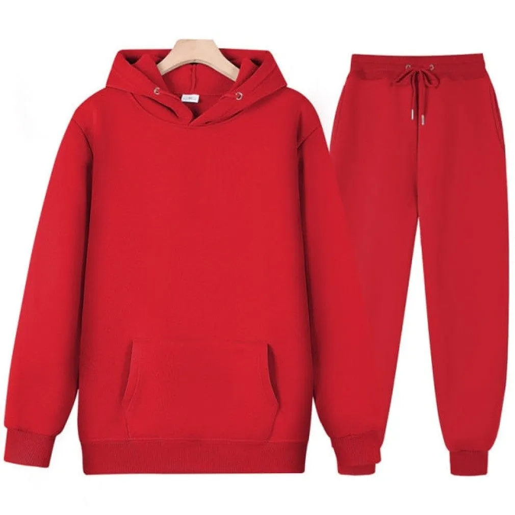 ContiNent 33 Men Women Tracksuit Hoodies Casual Solid Color Thick Pullover and Long Pant 2-piece Set Men Autumn Fleece Jogger Sports Suit