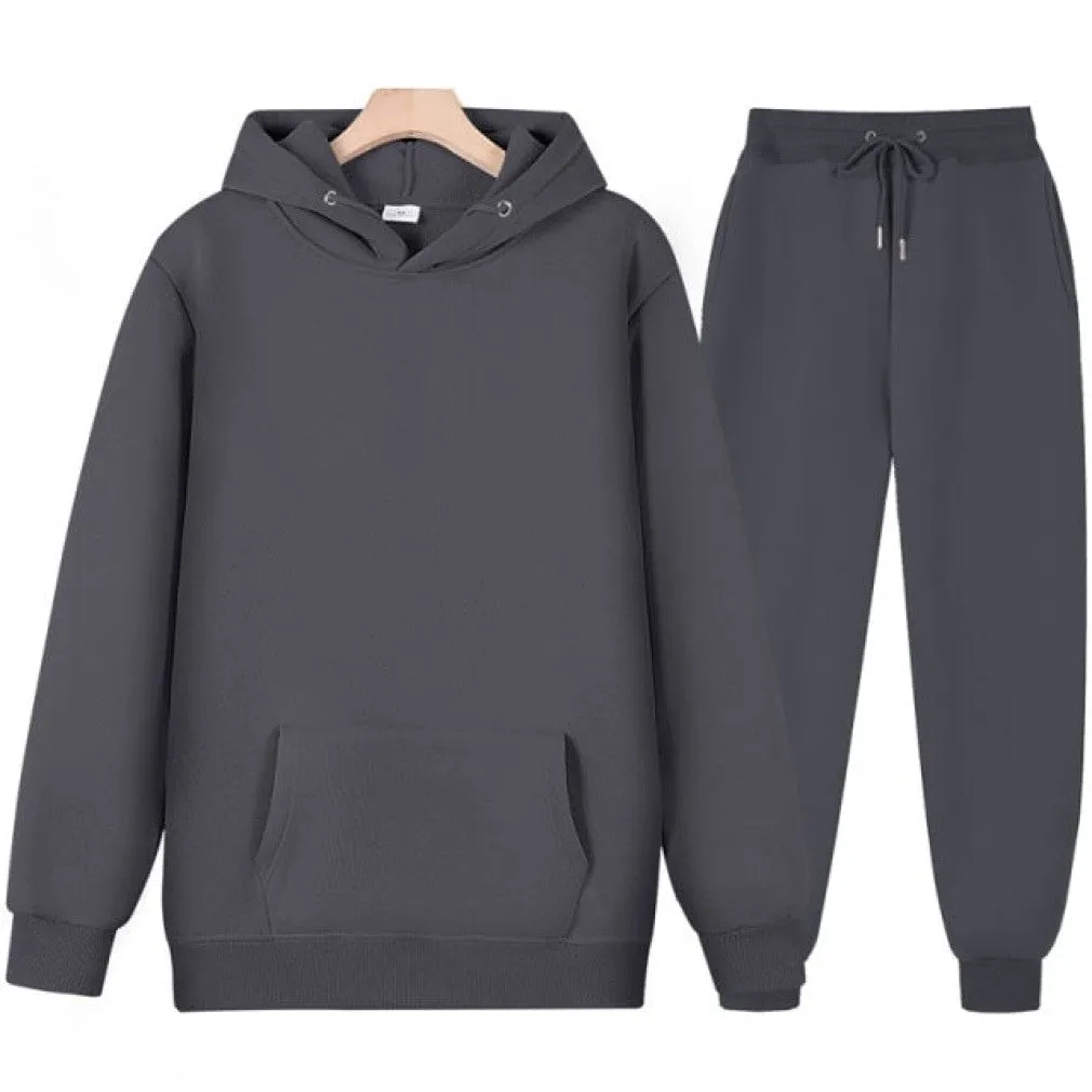 ContiNent 33 Men Women Tracksuit Hoodies Casual Solid Color Thick Pullover and Long Pant 2-piece Set Men Autumn Fleece Jogger Sports Suit
