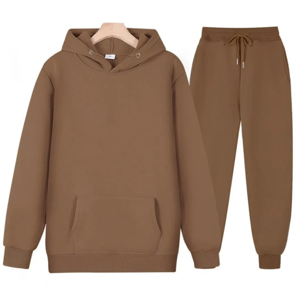 ContiNent 33 Men Women Tracksuit Hoodies Casual Solid Color Thick Pullover and Long Pant 2-piece Set Men Autumn Fleece Jogger Sports Suit