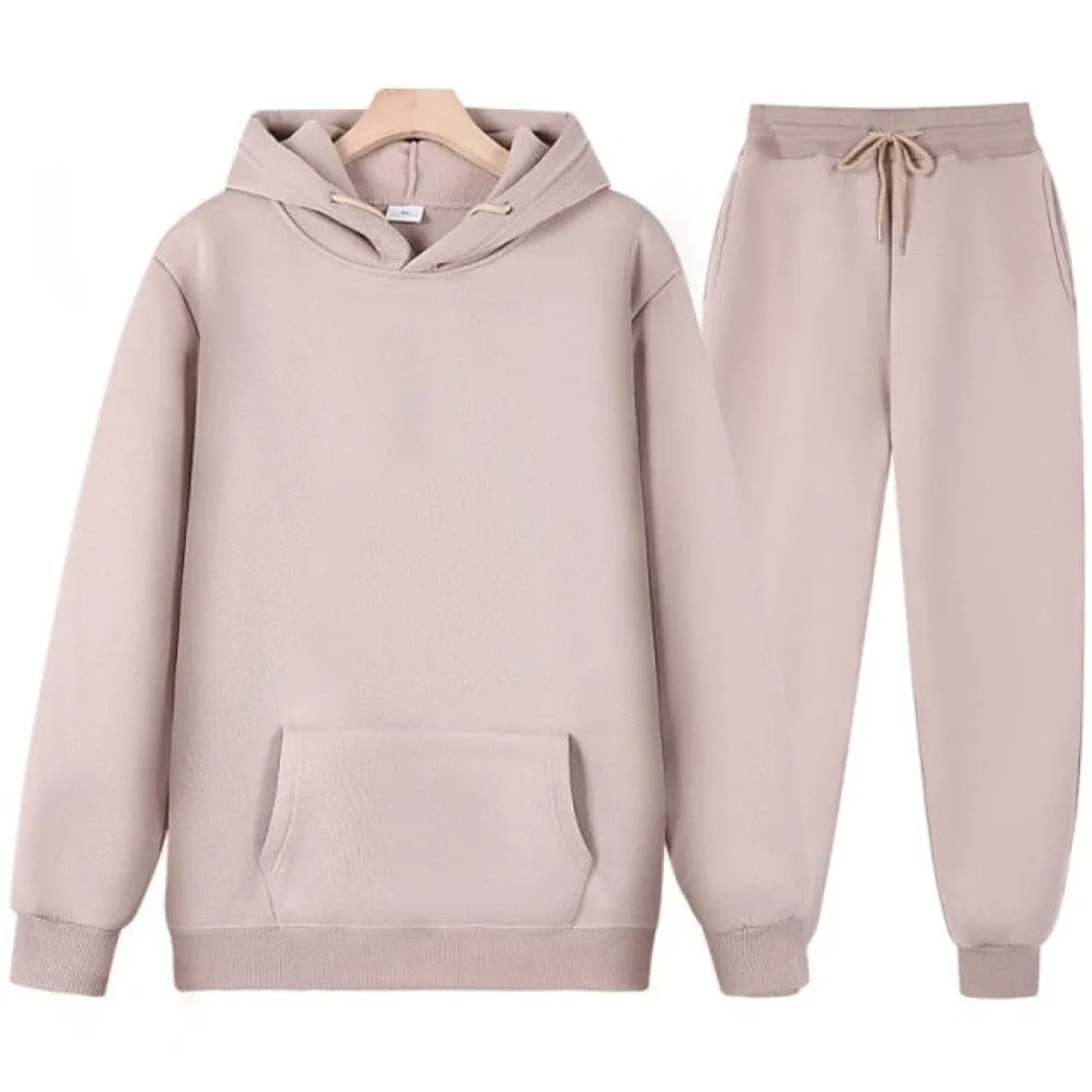 ContiNent 33 Men Women Tracksuit Hoodies Casual Solid Color Thick Pullover and Long Pant 2-piece Set Men Autumn Fleece Jogger Sports Suit