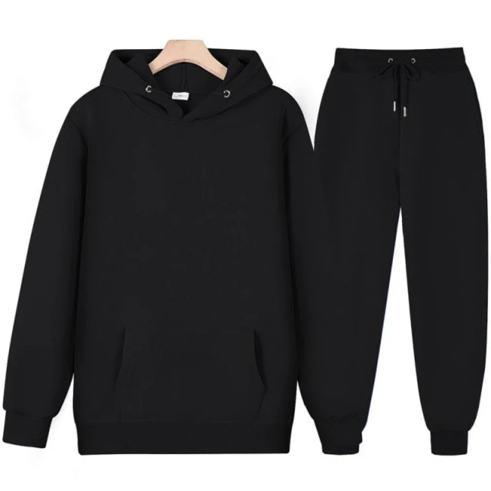 ContiNent 33 Men Women Tracksuit Hoodies Casual Solid Color Thick Pullover and Long Pant 2-piece Set Men Autumn Fleece Jogger Sports Suit