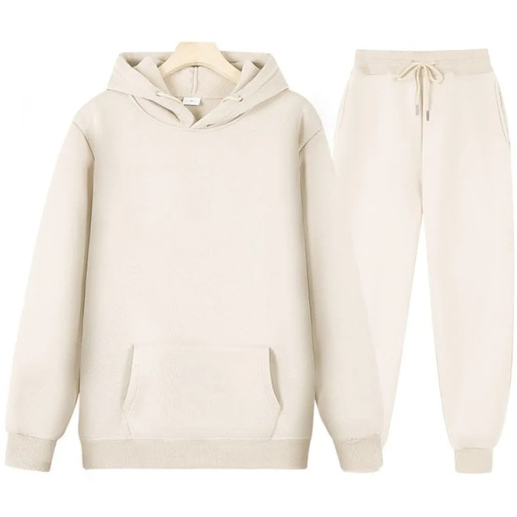 ContiNent 33 Men Women Tracksuit Hoodies Casual Solid Color Thick Pullover and Long Pant 2-piece Set Men Autumn Fleece Jogger Sports Suit