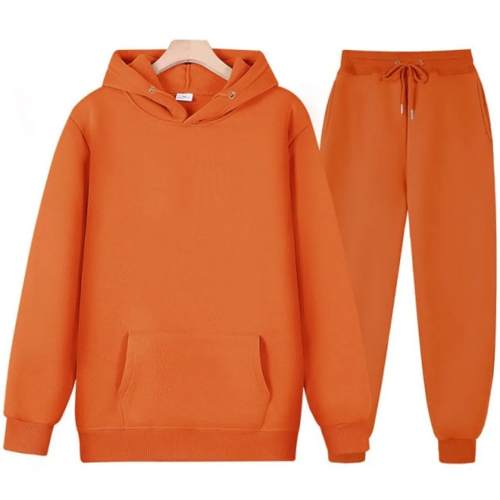 ContiNent 33 Men Women Tracksuit Hoodies Casual Solid Color Thick Pullover and Long Pant 2-piece Set Men Autumn Fleece Jogger Sports Suit