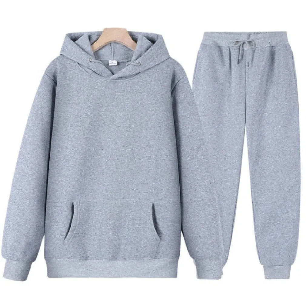 ContiNent 33 Men Women Tracksuit Hoodies Casual Solid Color Thick Pullover and Long Pant 2-piece Set Men Autumn Fleece Jogger Sports Suit