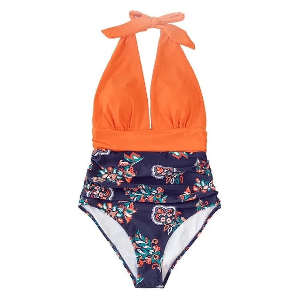 ContiNent 33 Navy Floral Deep V-neck Halter One-Piece Swimsuit Sexy Backless Lace Up Women Monokini Beach Bathing Suits Swimwear