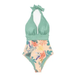 ContiNent 33 Navy Floral Deep V-neck Halter One-Piece Swimsuit Sexy Backless Lace Up Women Monokini Beach Bathing Suits Swimwear