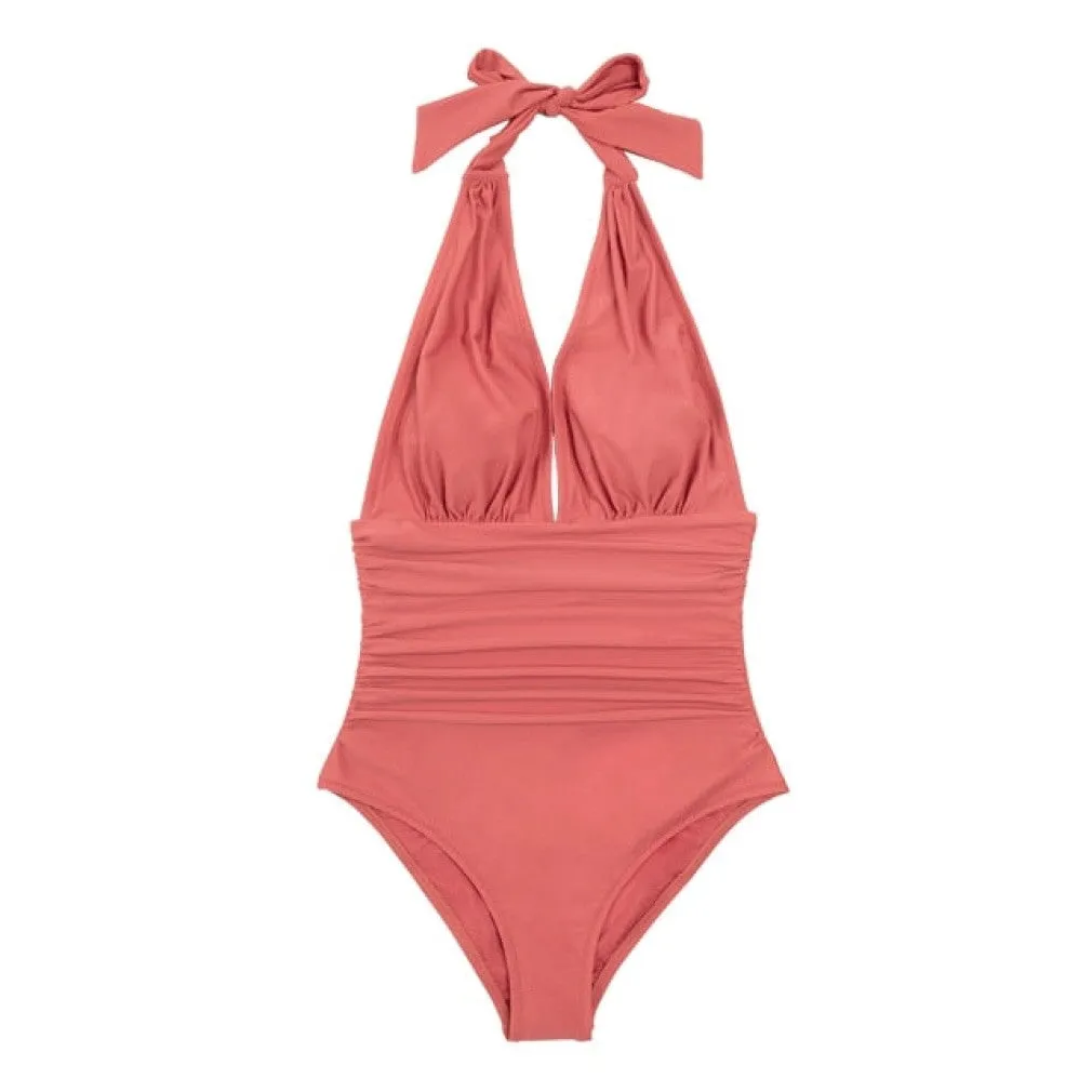 ContiNent 33 Navy Floral Deep V-neck Halter One-Piece Swimsuit Sexy Backless Lace Up Women Monokini Beach Bathing Suits Swimwear