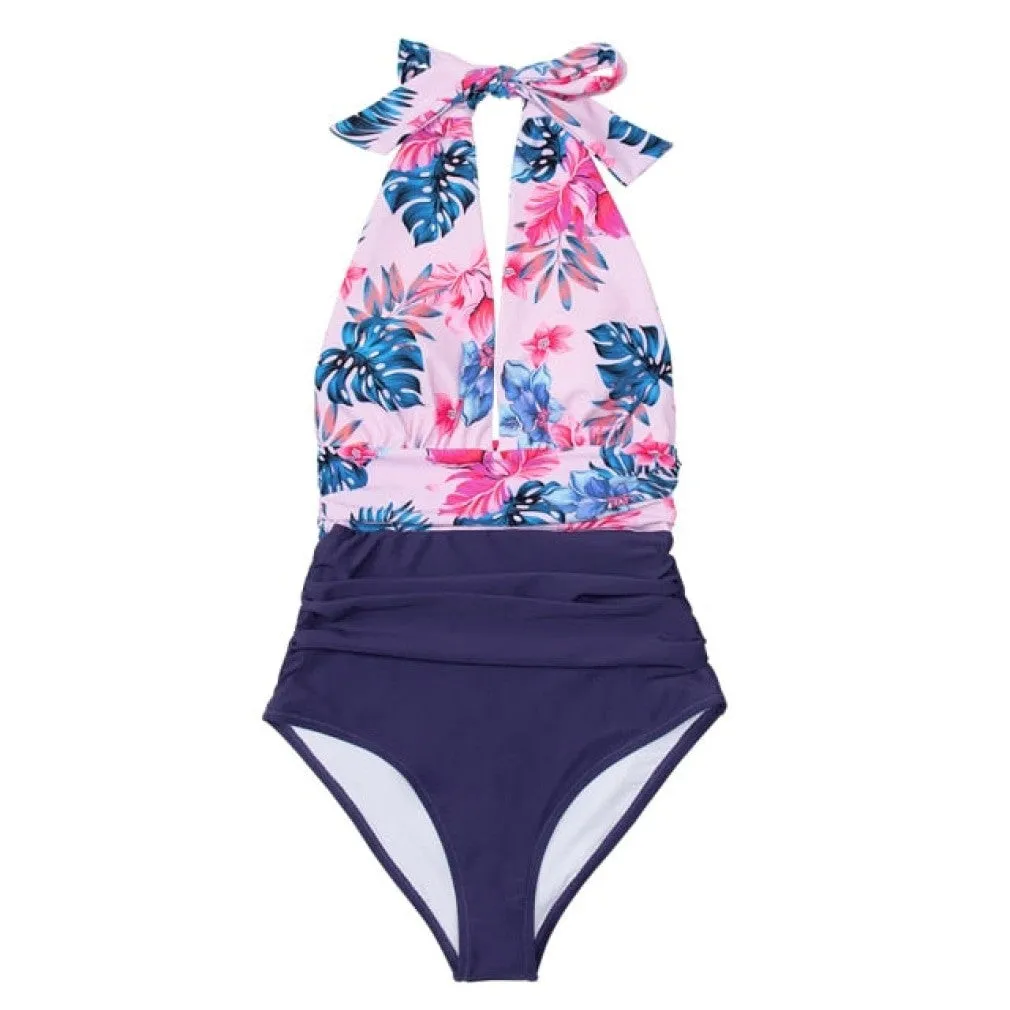 ContiNent 33 Navy Floral Deep V-neck Halter One-Piece Swimsuit Sexy Backless Lace Up Women Monokini Beach Bathing Suits Swimwear