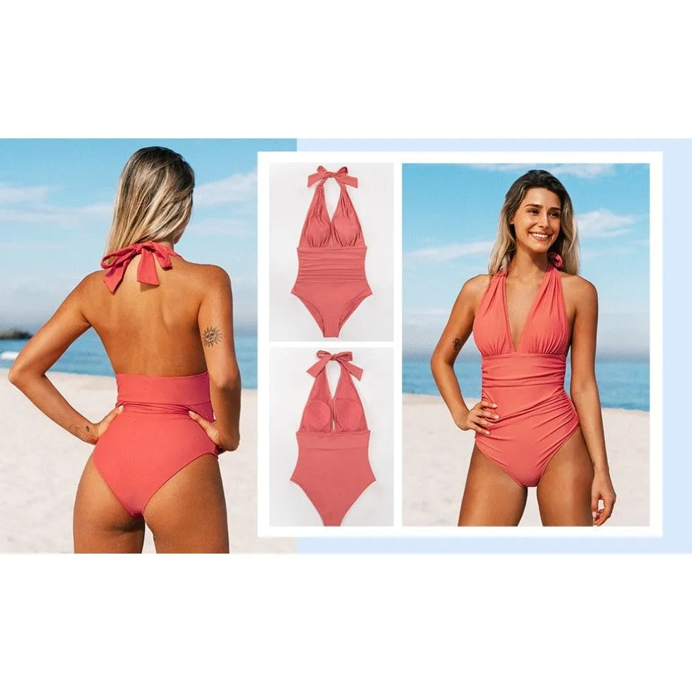 ContiNent 33 Navy Floral Deep V-neck Halter One-Piece Swimsuit Sexy Backless Lace Up Women Monokini Beach Bathing Suits Swimwear