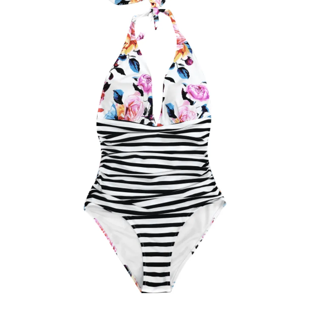 ContiNent 33 Navy Floral Deep V-neck Halter One-Piece Swimsuit Sexy Backless Lace Up Women Monokini Beach Bathing Suits Swimwear