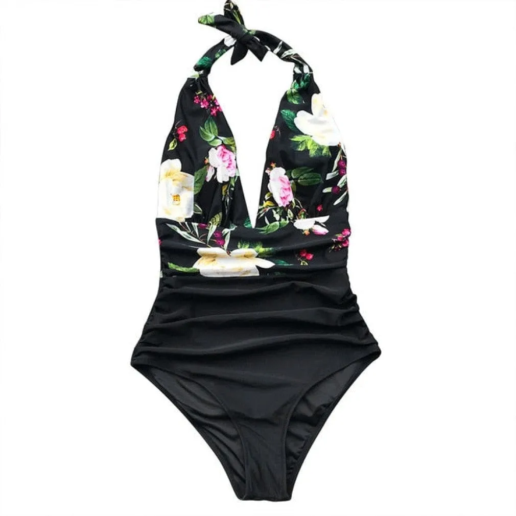 ContiNent 33 Navy Floral Deep V-neck Halter One-Piece Swimsuit Sexy Backless Lace Up Women Monokini Beach Bathing Suits Swimwear