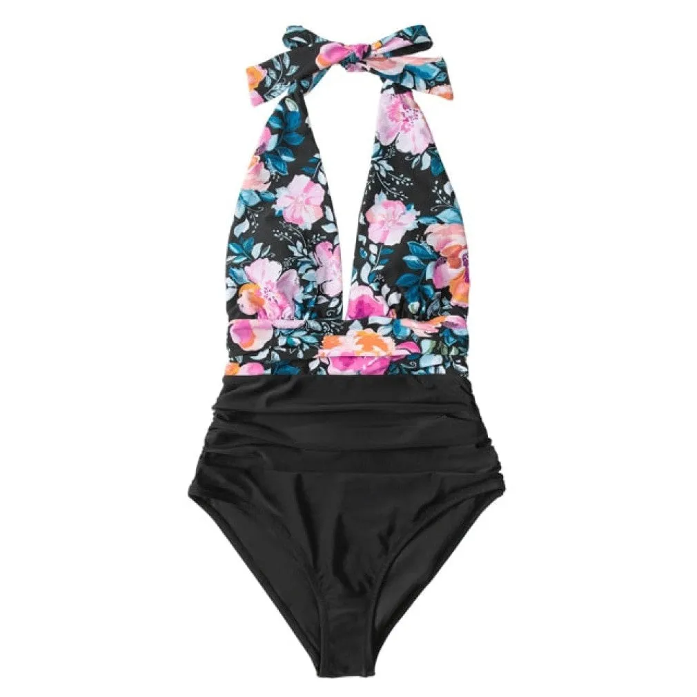 ContiNent 33 Navy Floral Deep V-neck Halter One-Piece Swimsuit Sexy Backless Lace Up Women Monokini Beach Bathing Suits Swimwear