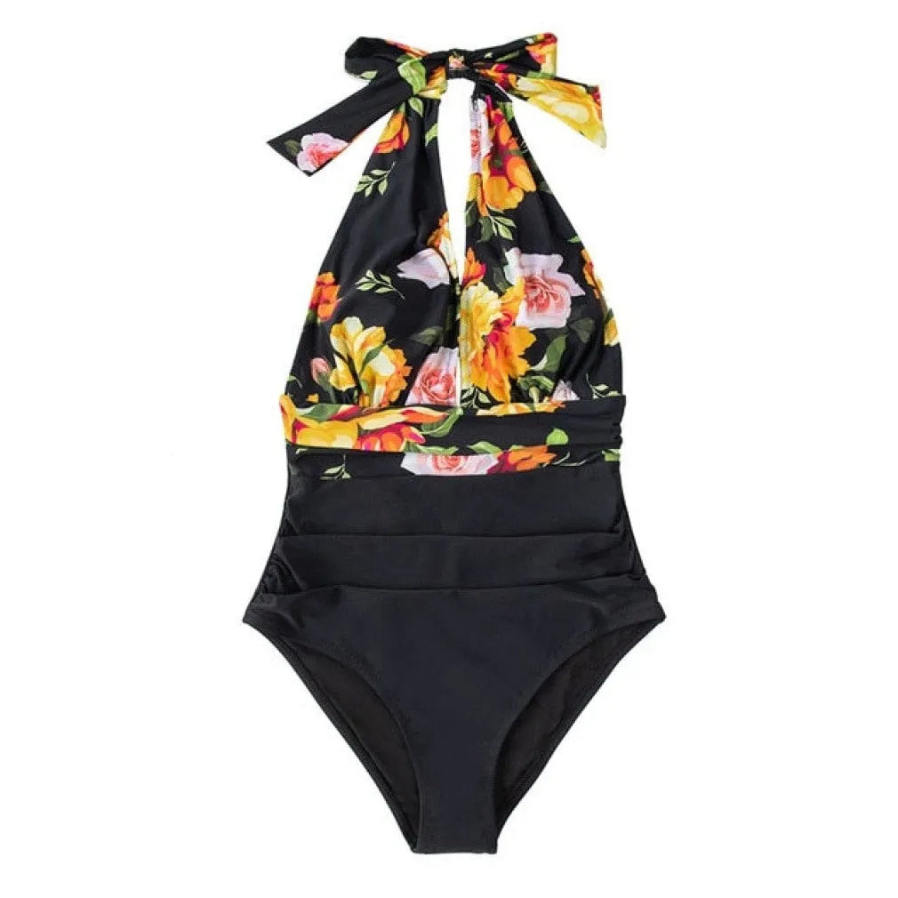 ContiNent 33 Navy Floral Deep V-neck Halter One-Piece Swimsuit Sexy Backless Lace Up Women Monokini Beach Bathing Suits Swimwear