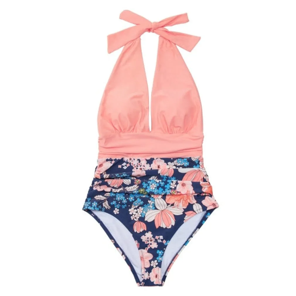 ContiNent 33 Navy Floral Deep V-neck Halter One-Piece Swimsuit Sexy Backless Lace Up Women Monokini Beach Bathing Suits Swimwear
