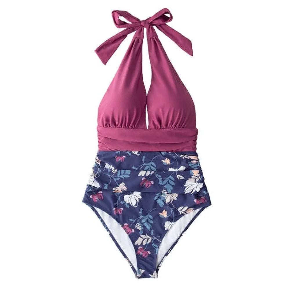 ContiNent 33 Navy Floral Deep V-neck Halter One-Piece Swimsuit Sexy Backless Lace Up Women Monokini Beach Bathing Suits Swimwear