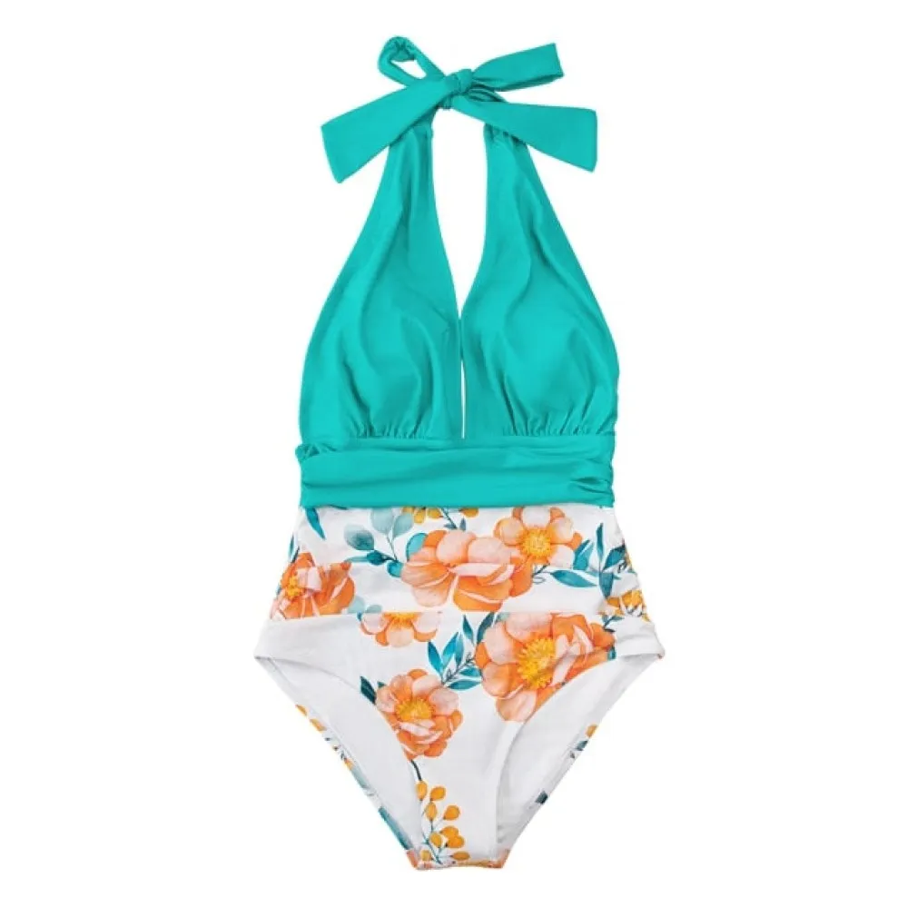 ContiNent 33 Navy Floral Deep V-neck Halter One-Piece Swimsuit Sexy Backless Lace Up Women Monokini Beach Bathing Suits Swimwear