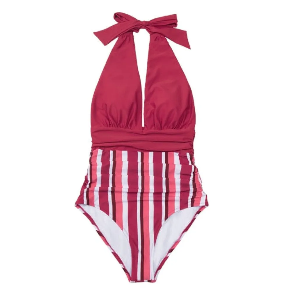 ContiNent 33 Navy Floral Deep V-neck Halter One-Piece Swimsuit Sexy Backless Lace Up Women Monokini Beach Bathing Suits Swimwear