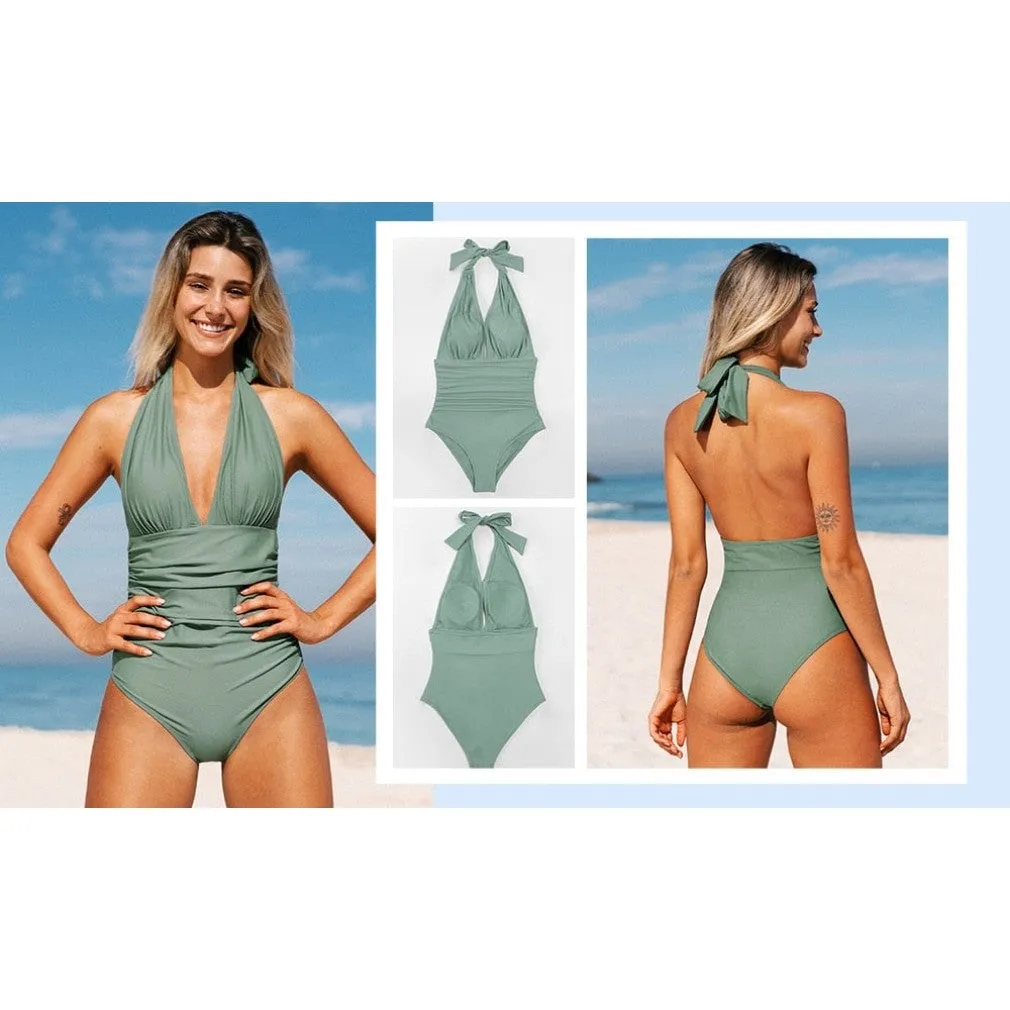 ContiNent 33 Navy Floral Deep V-neck Halter One-Piece Swimsuit Sexy Backless Lace Up Women Monokini Beach Bathing Suits Swimwear