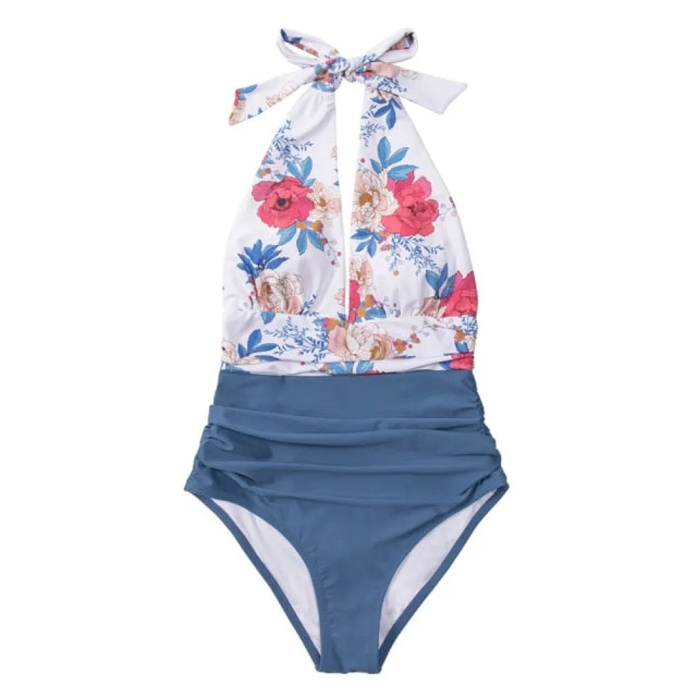 ContiNent 33 Navy Floral Deep V-neck Halter One-Piece Swimsuit Sexy Backless Lace Up Women Monokini Beach Bathing Suits Swimwear