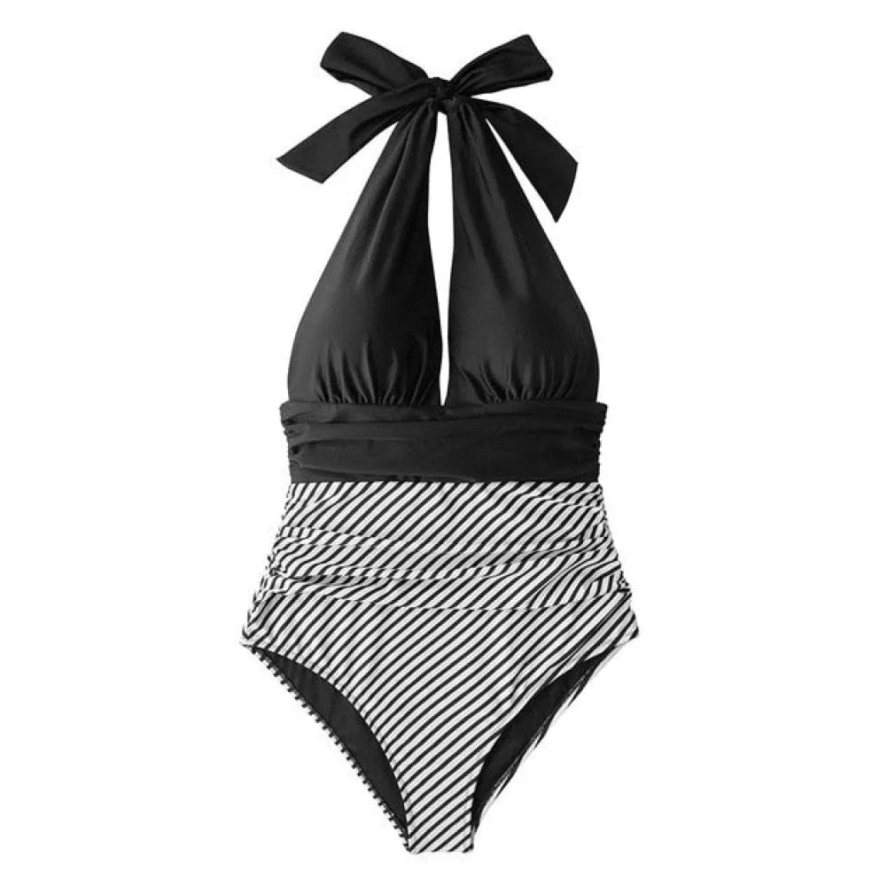 ContiNent 33 Navy Floral Deep V-neck Halter One-Piece Swimsuit Sexy Backless Lace Up Women Monokini Beach Bathing Suits Swimwear