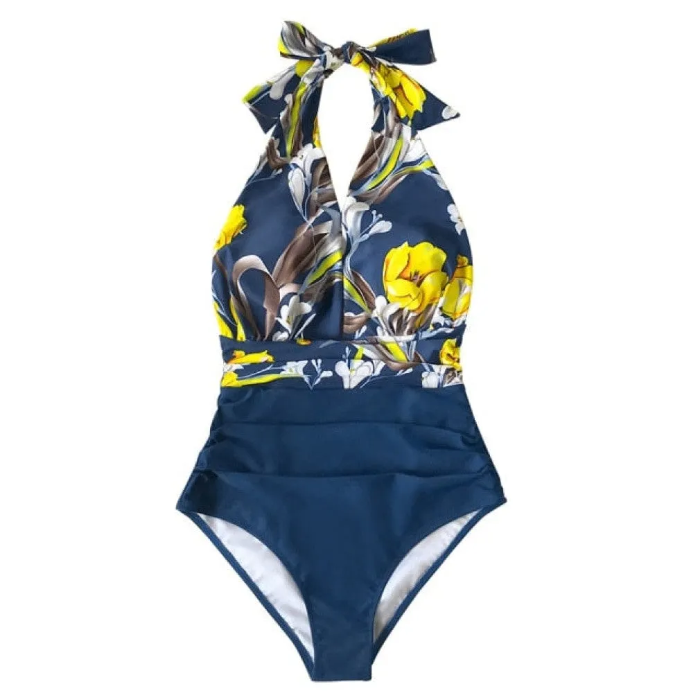 ContiNent 33 Navy Floral Deep V-neck Halter One-Piece Swimsuit Sexy Backless Lace Up Women Monokini Beach Bathing Suits Swimwear