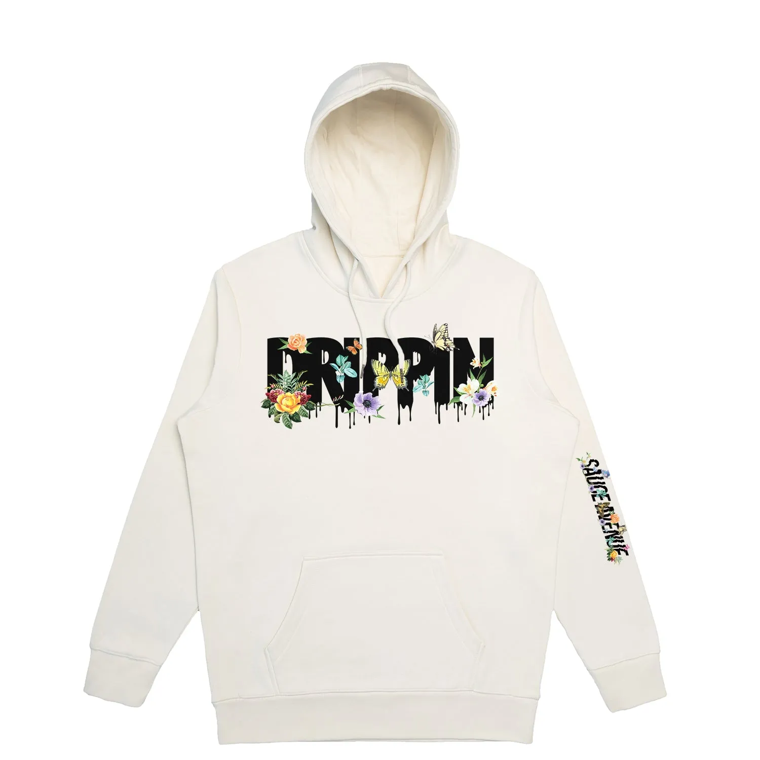 Drippin Flowers & Butterflies Black | Off White Hoodie