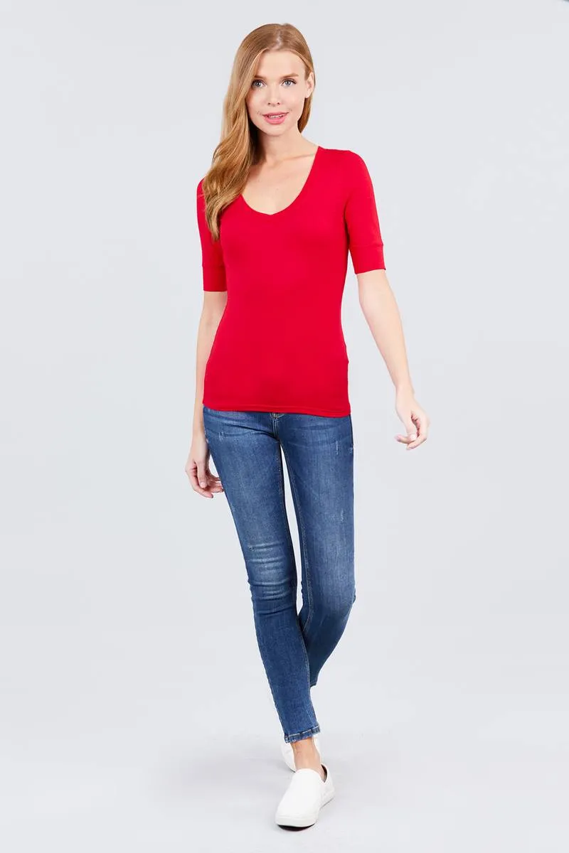 Elbow Sleeve V Neck Top