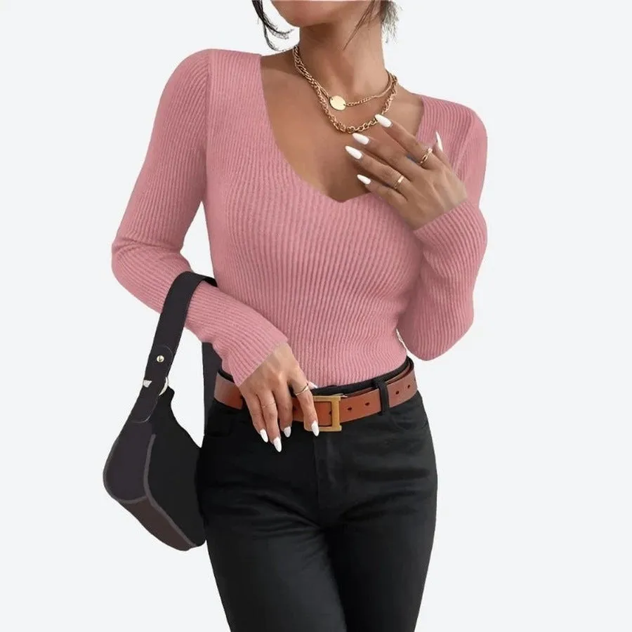 Elegant V-Neck Ribbed Knit Tops