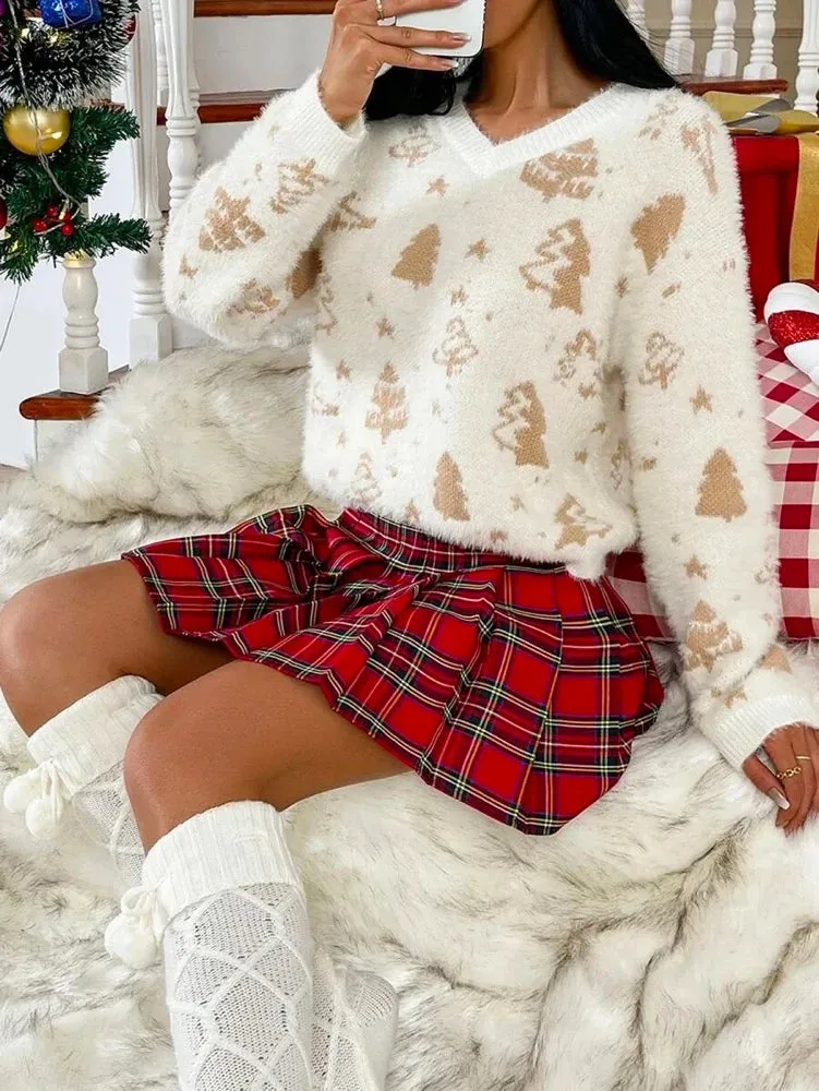 Gold Christmas Printed Long Sleeves Crochet V-Neck Sweater Tops