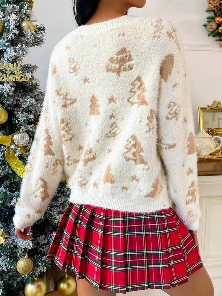Gold Christmas Printed Long Sleeves Crochet V-Neck Sweater Tops