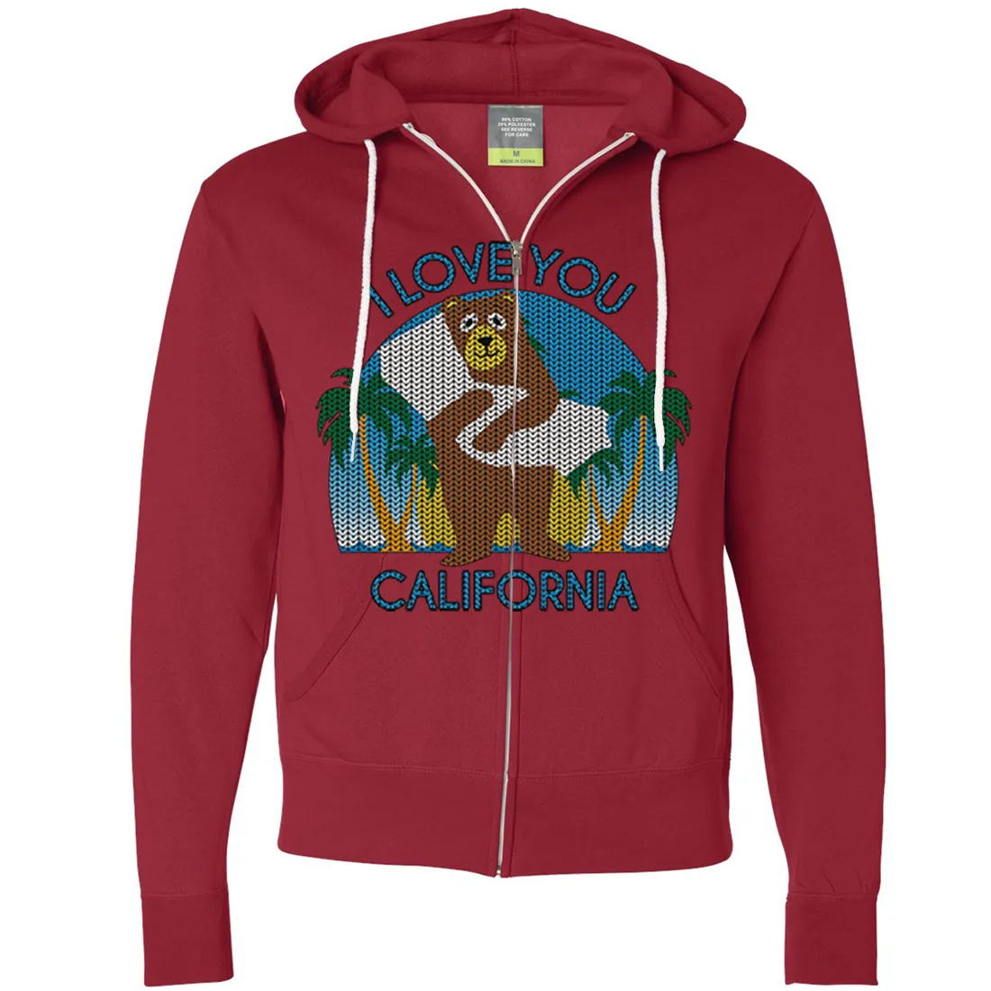 I Love You CA Knit Style Bear Zip-Up Hoodie