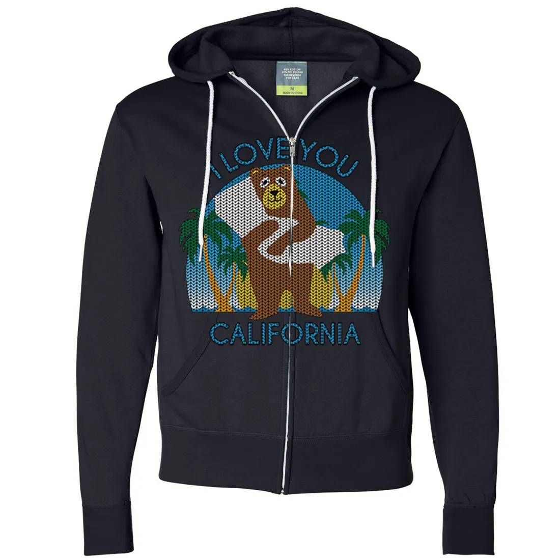 I Love You CA Knit Style Bear Zip-Up Hoodie