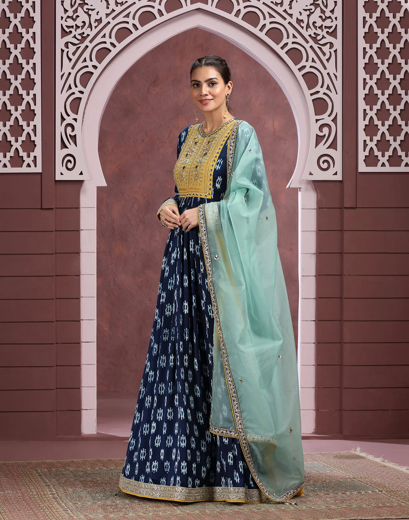 Indigo Charm Block Printed Modal Satin Anarkali Set