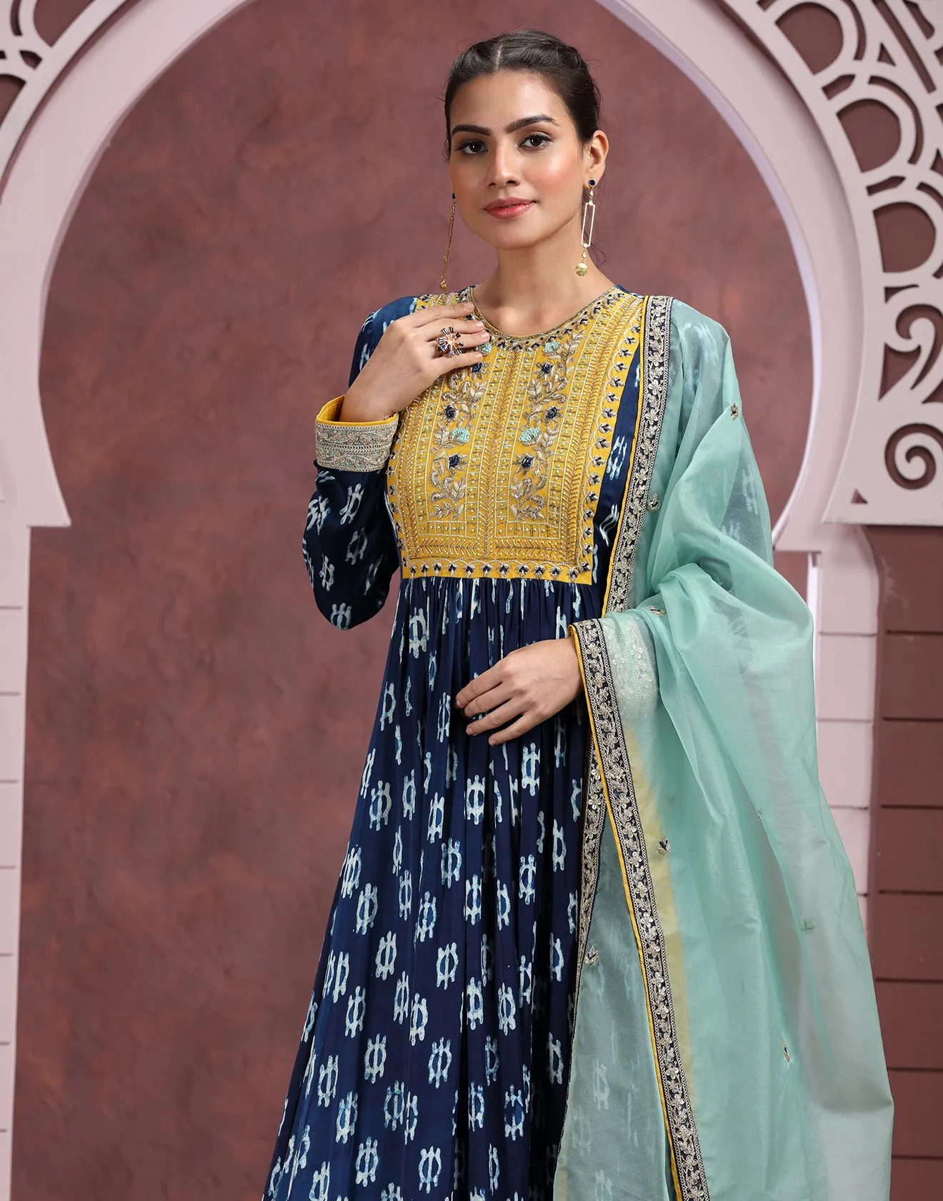 Indigo Charm Block Printed Modal Satin Anarkali Set