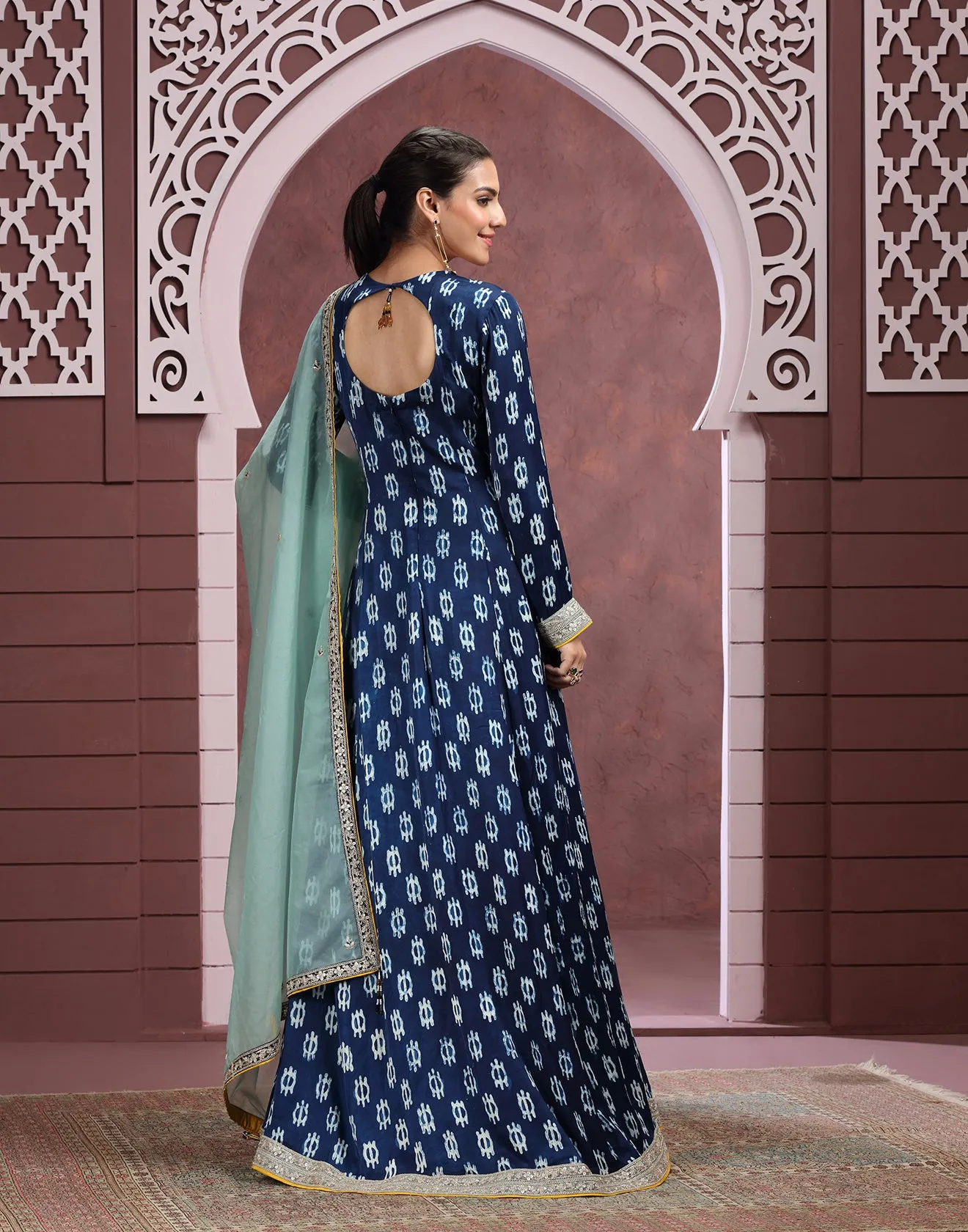 Indigo Charm Block Printed Modal Satin Anarkali Set